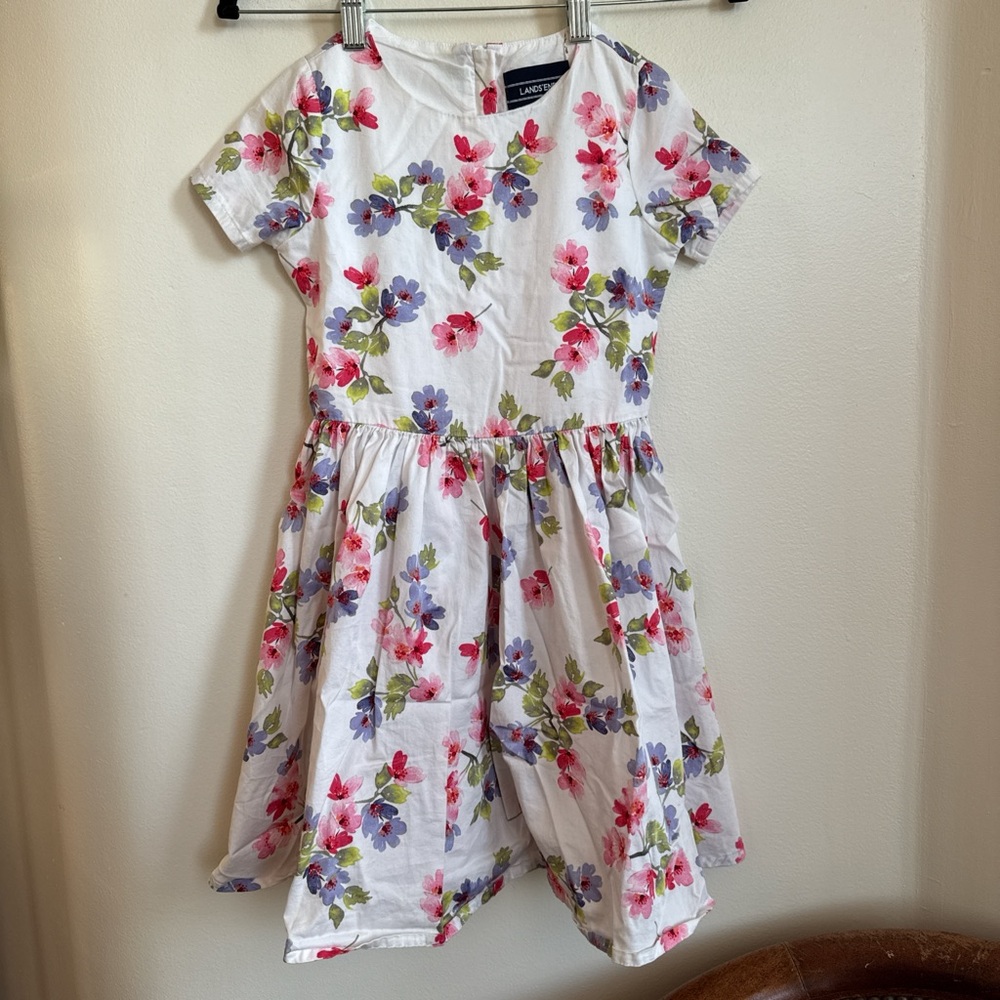 Lands' End White Cotton Dress with Pink & Purple Floral Print